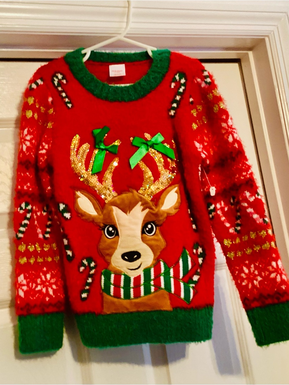 Holiday Time Red and Green Reindeer Crewneck Sweater